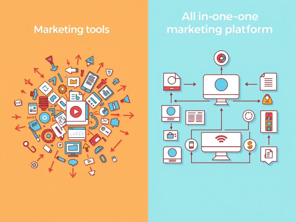 Comparaison visuelle entre une plateforme marketing tout-en-un et multiples outils séparés Comparaison visuelle entre une plateforme marketing tout-en-un et multiples outils séparés