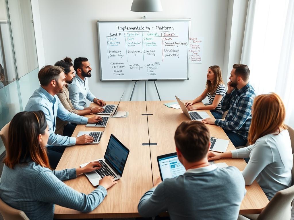 Équipe en réunion planifiant l'implémentation d'une plateforme marketing tout-en-un