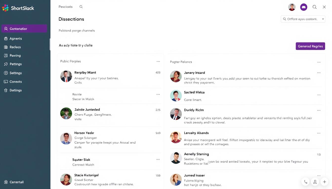 Générez une image de l'interface utilisateur de Slack montrant différents canaux de discussion